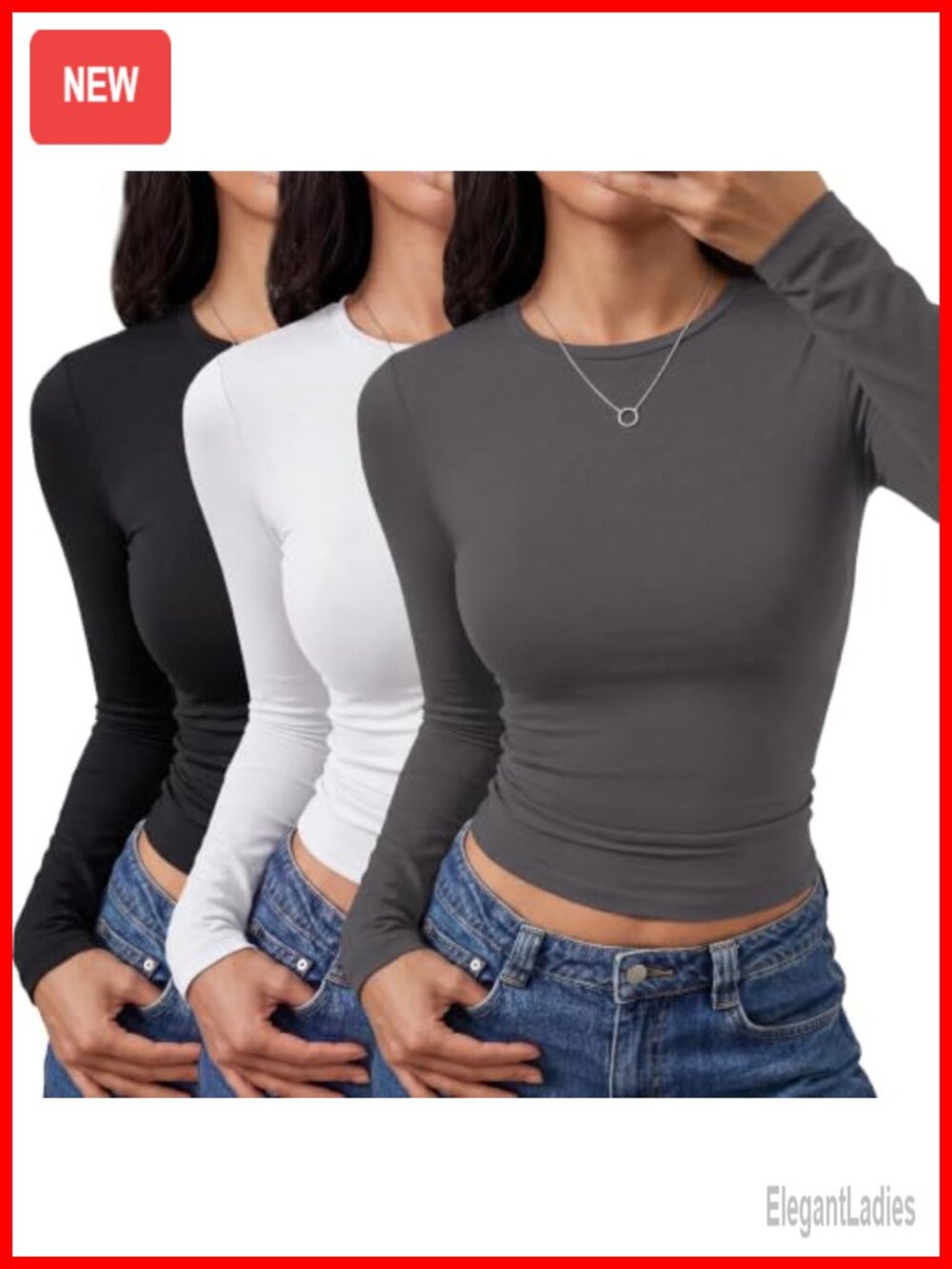 Womens Long Sleeve Crewneck Fitted Tees 3 Pack Slim Fit Stretch Basic Top